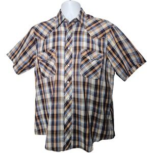 Texson Mens Pearl Snap Western Shirt 16.5 Short Sleeve Plaid Brown Blue Vintage